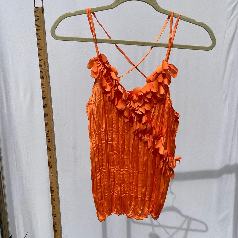 Orange Ruffle Spaghetti Strap Crinkle Top
